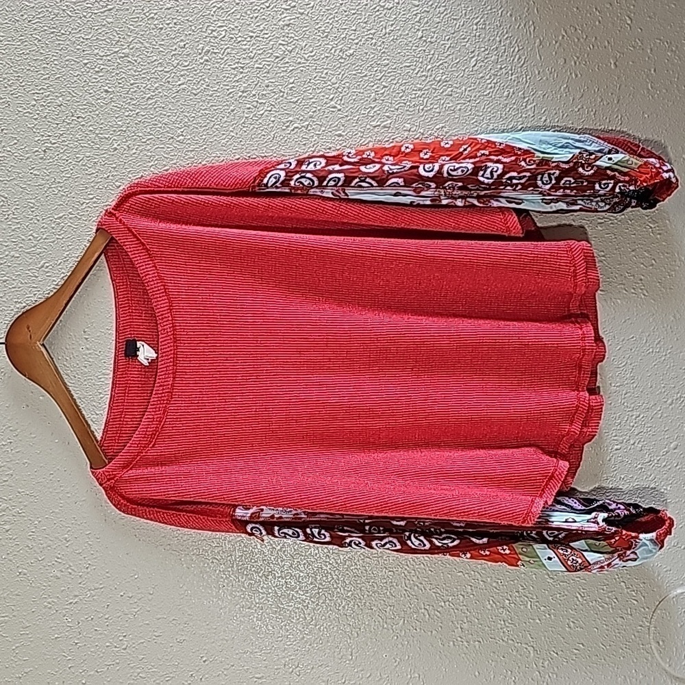 Free People Red Waffle Knit Top with Patterned Balloon Sleeves